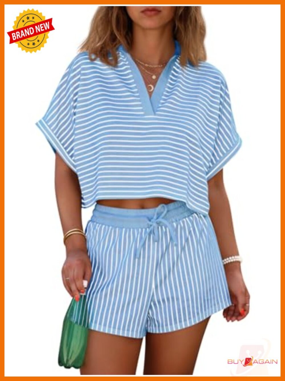 Womens Striped 2 Piece Short Set V Neck Crop Top Drawstring Lounge Set